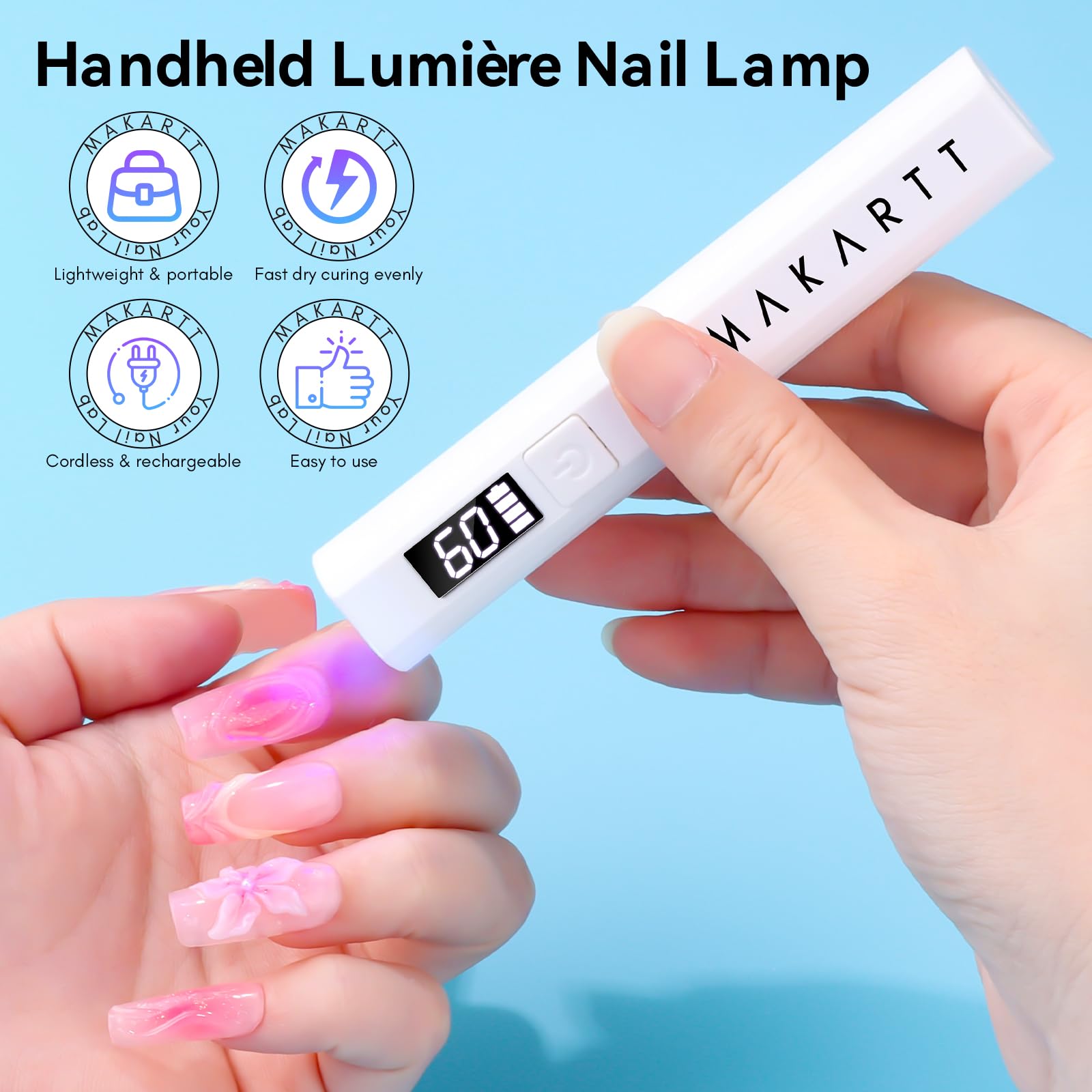 Makartt cordless flash cure lamp shows battery indicator for convenient DIY manicures.