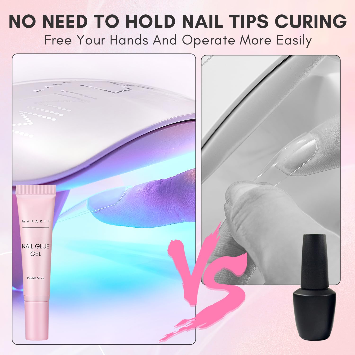Makartt gel nail glue: curado rápido bajo lámpara para eficiencia.