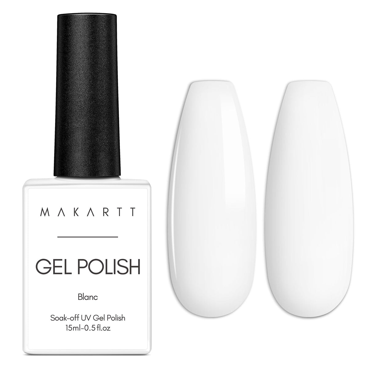 Makartt Esmalte gel blanco 15ml, botella frontal que destaca su color puro y cobertura uniforme.
