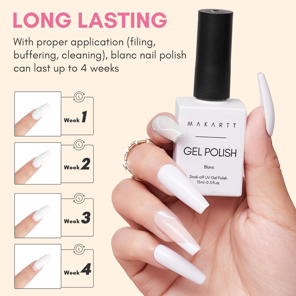 Makartt gel blanco con brillo duradero para manicuras que lucen limpias.