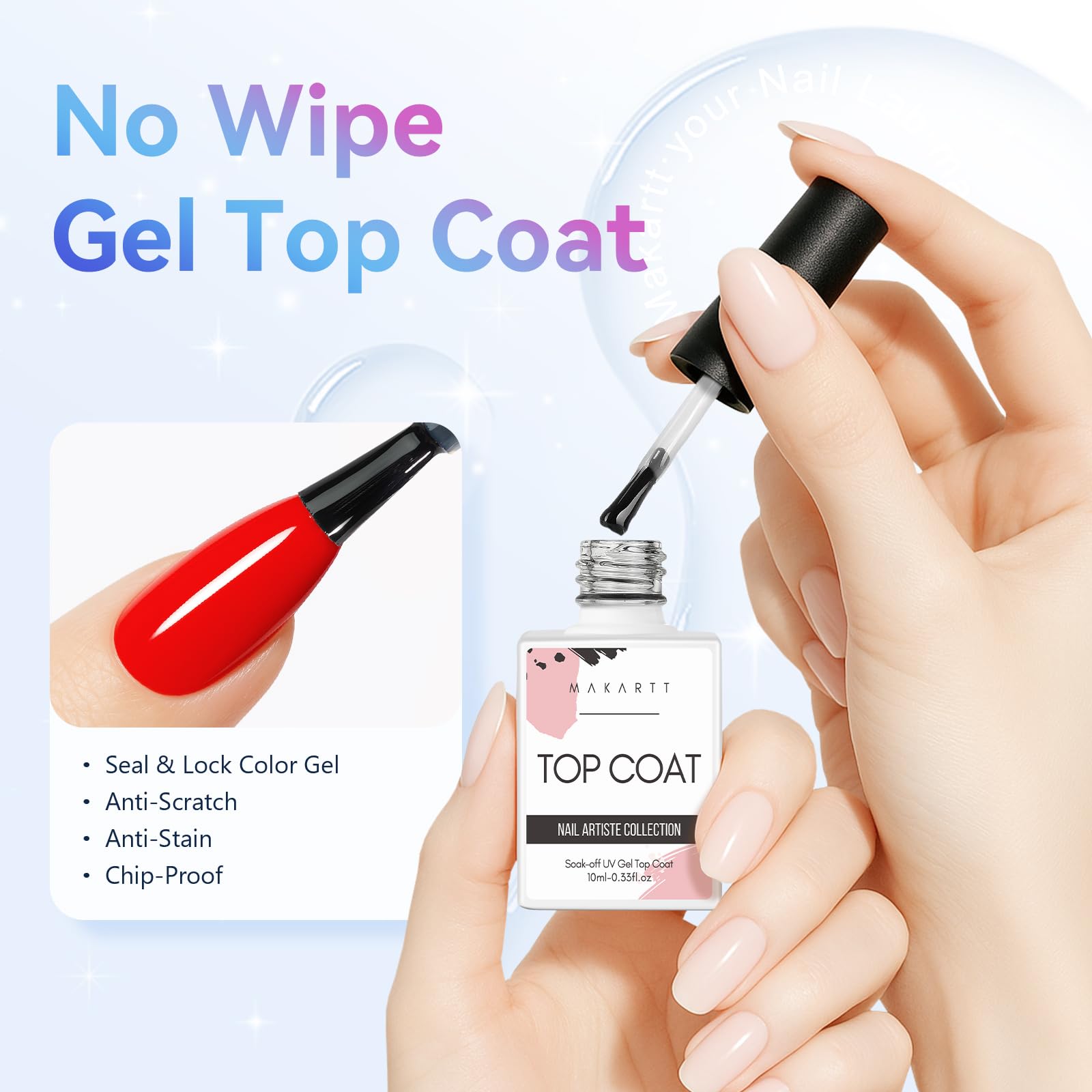 Makartt Gel Top Coat 21-days-wear demonstrates durable, chip-resistant shine.