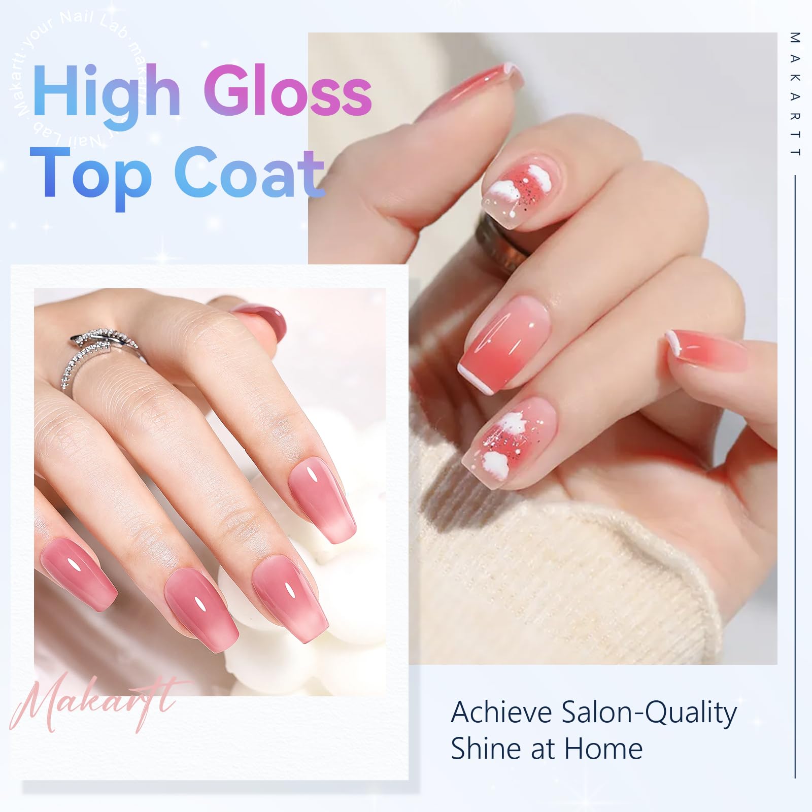 Makartt Gel Top Coat crystal-clear layer highlights transparent high-gloss look.