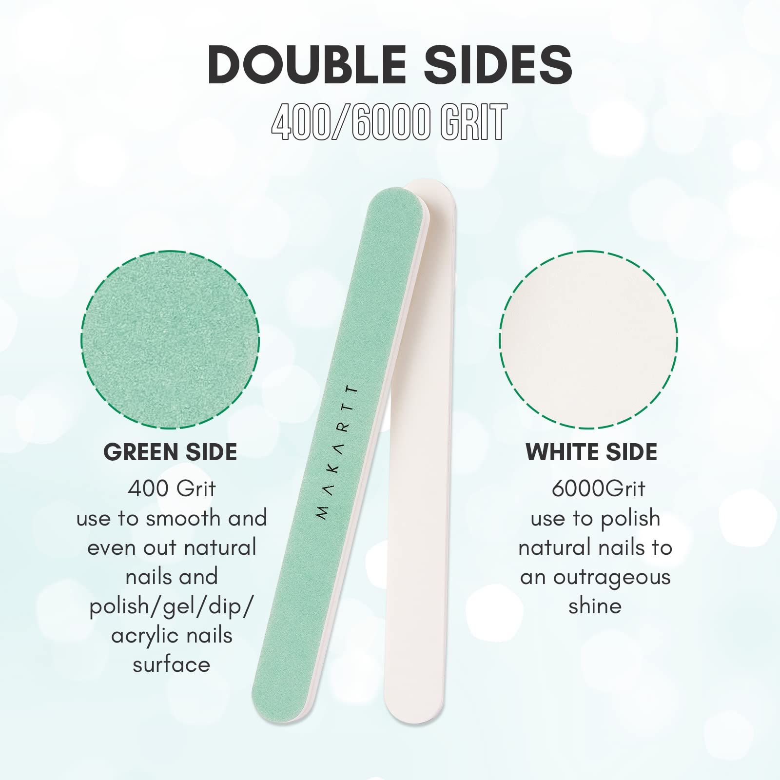 Makartt Nail Buffer green side 400 grit smooths uneven surfaces for a clean base