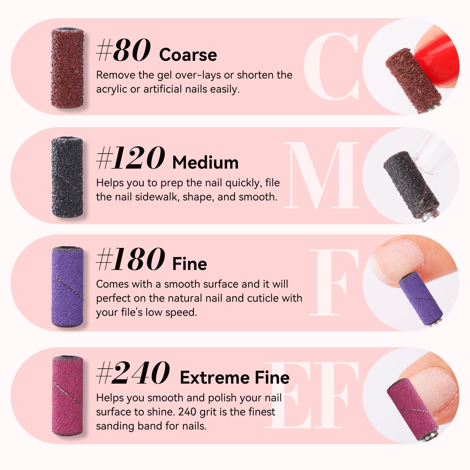 Makartt 180 grit fine sanding bands for natural nail finish.