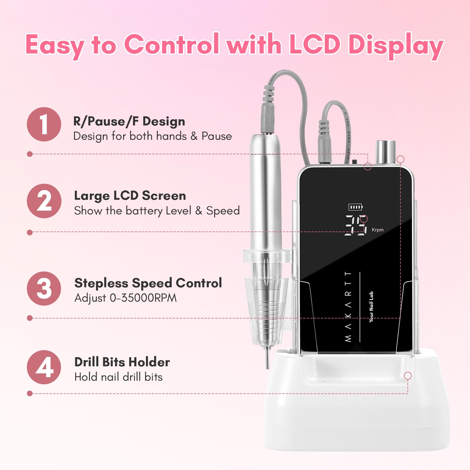 Makartt nail drill LCD display shows real-time RPM and battery level