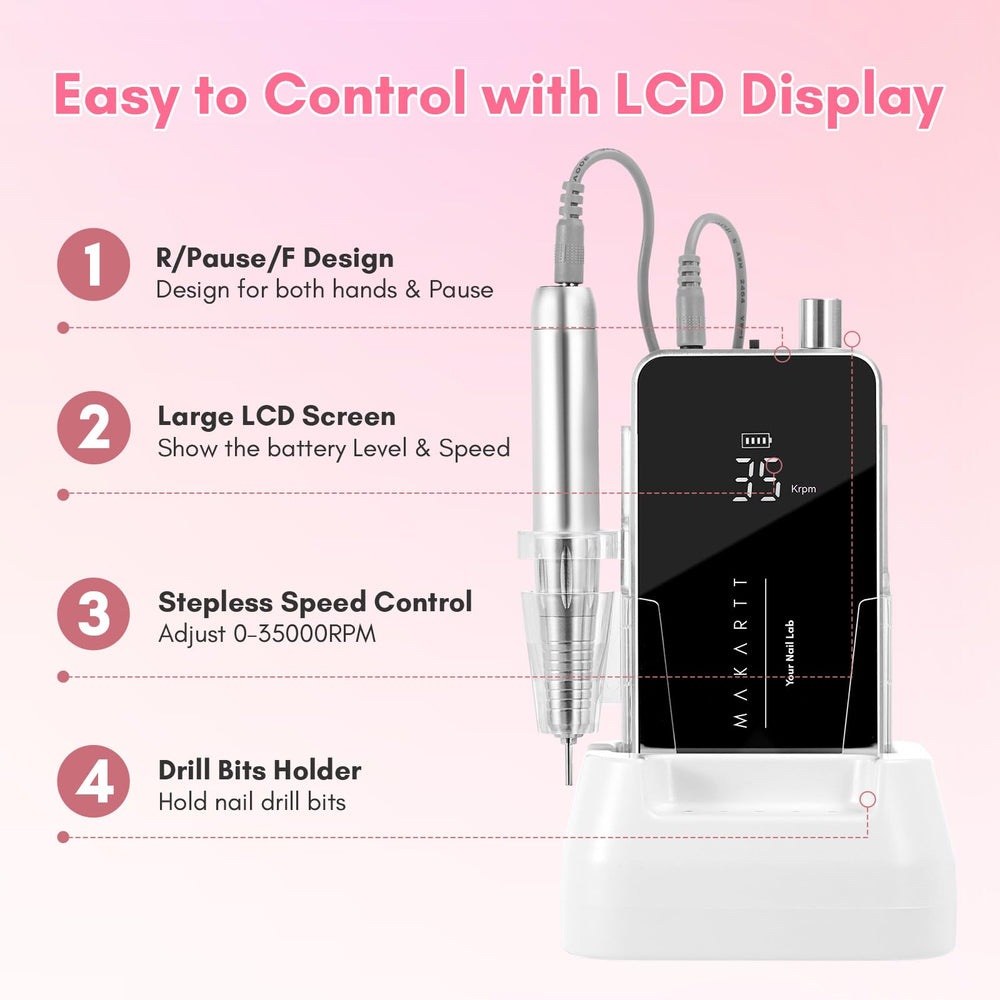 Makartt nail drill LCD display shows real-time RPM and battery level