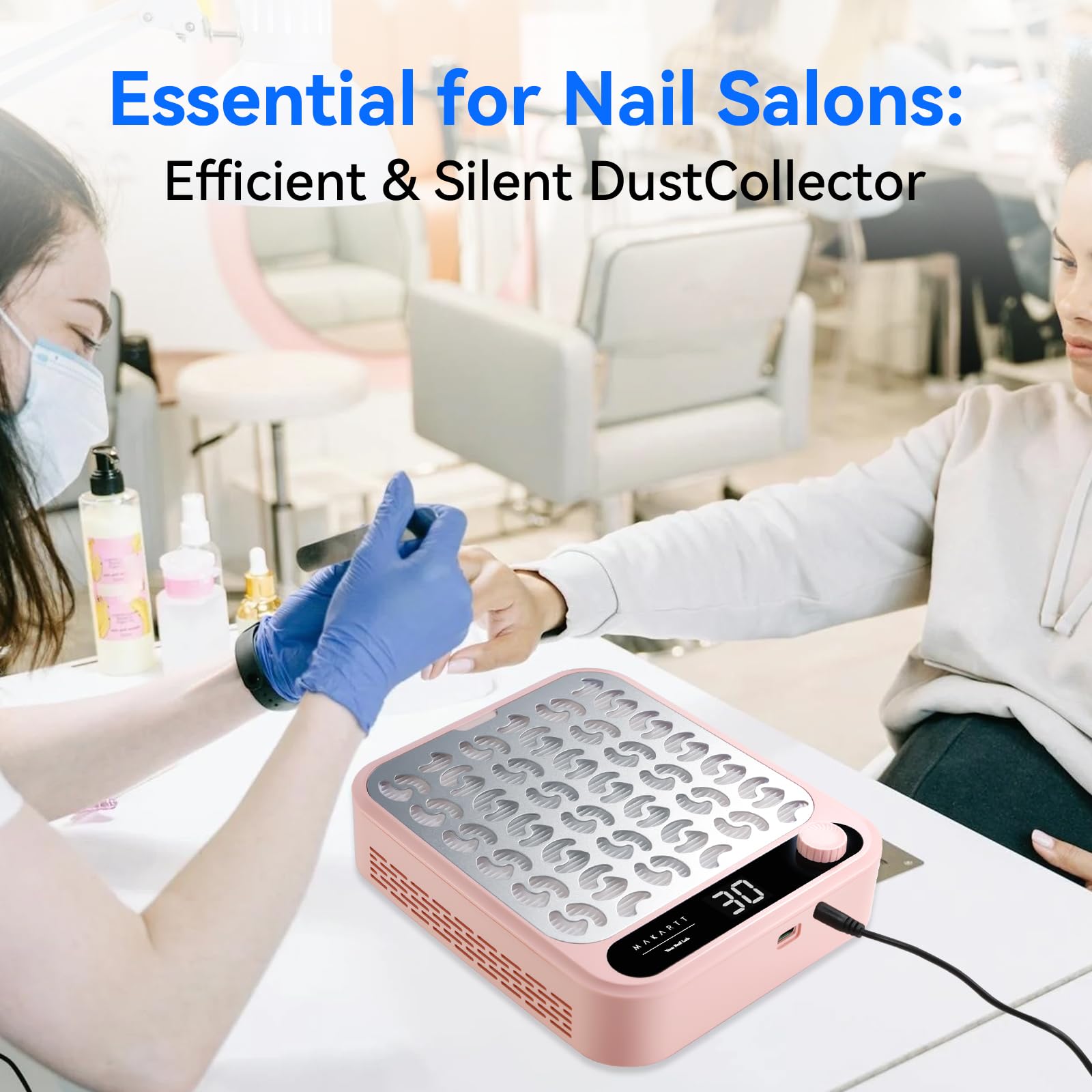 Makartt Larina pink dust collector on a salon station enhances workspace aesthetics.