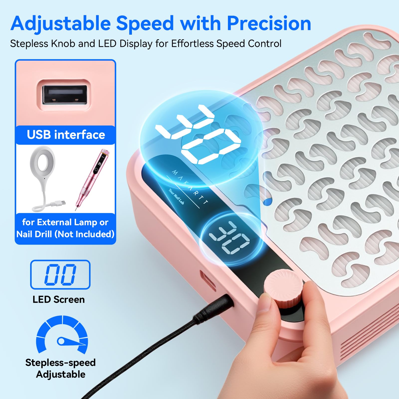 Makartt Larina pink dust collector connected with adapter for stable power.