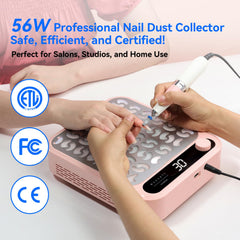 Makartt Larina pink dust collector in-use during acrylic filing captures debris efficiently.