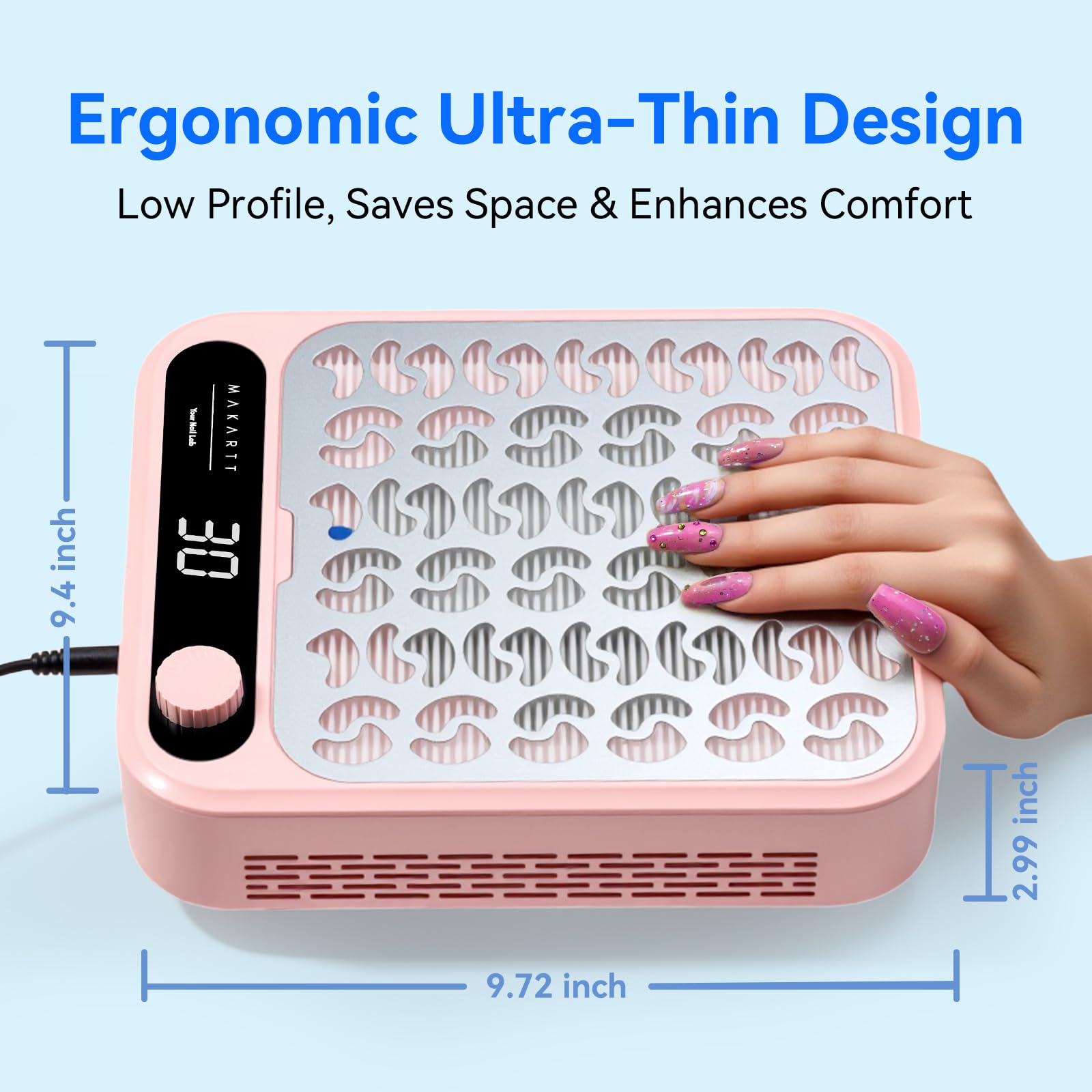 Makartt Larina pink nail dust collector LED display shows adjustable suction control.