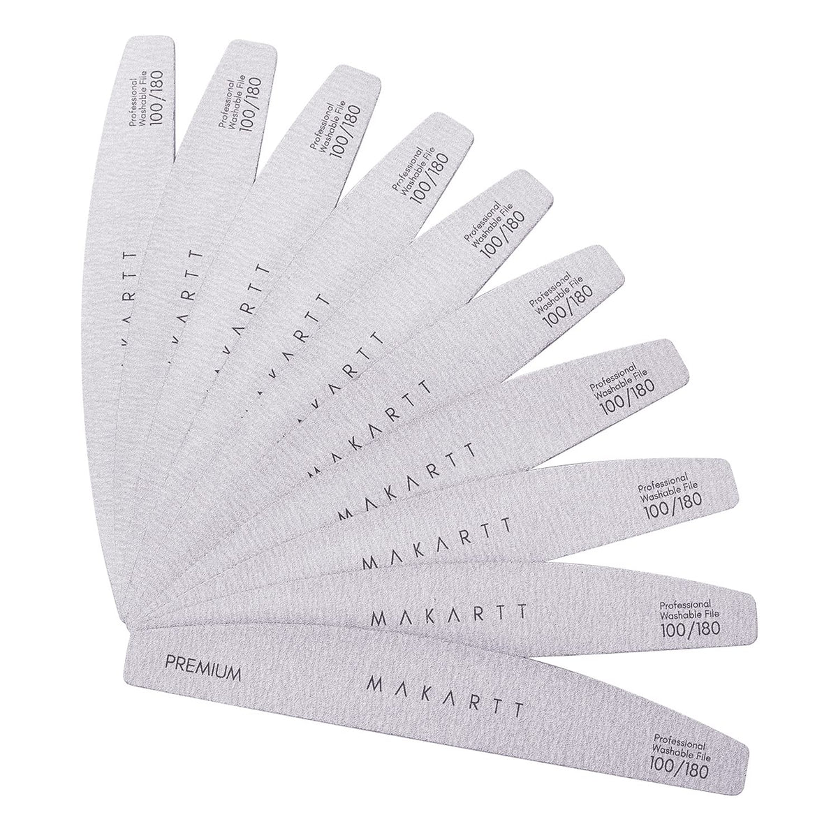 Makartt dual-sides nail file in use showing 100/180 grit for shaping and smoothing nails