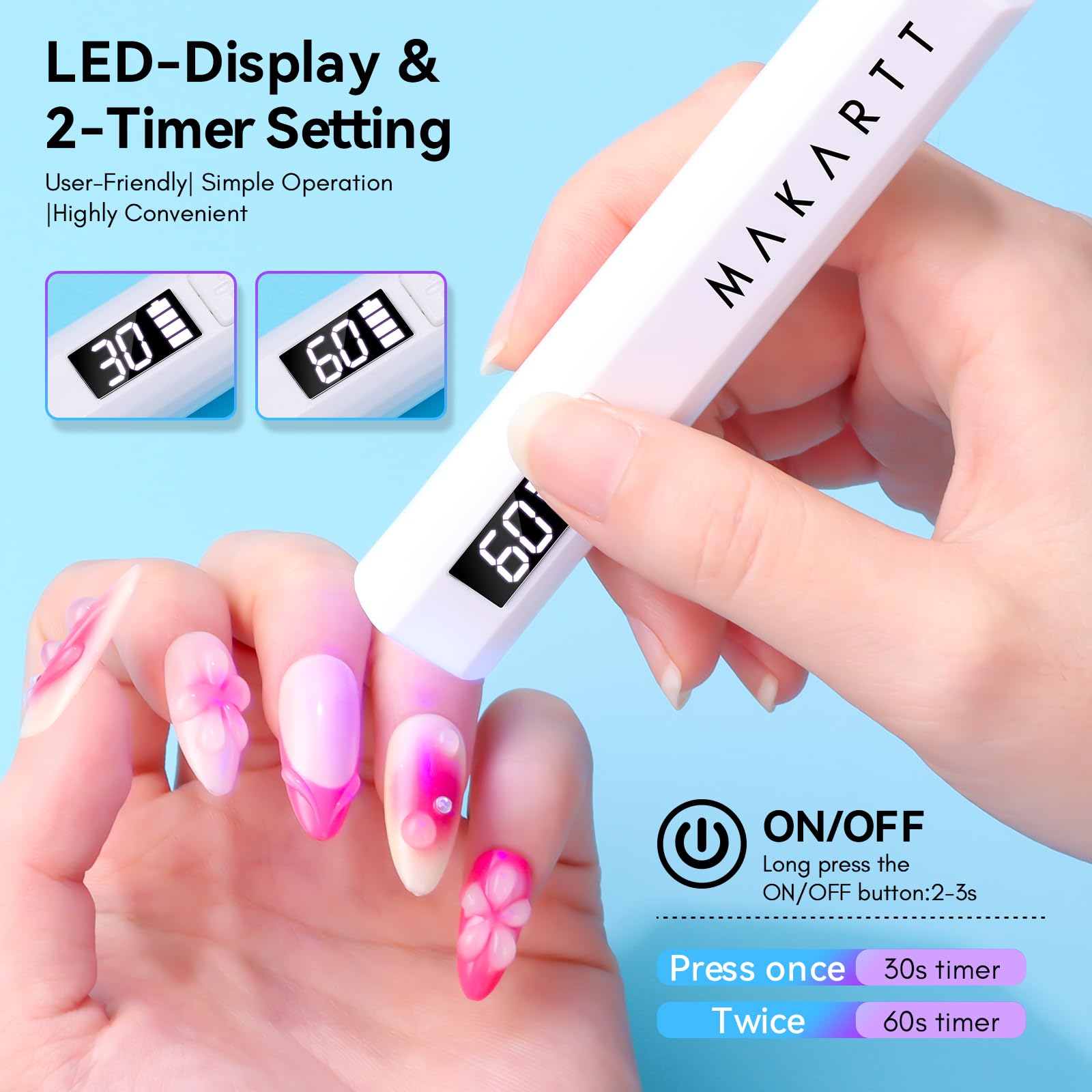 Makartt nail glue curing under UV lamp supports delicate nail art.