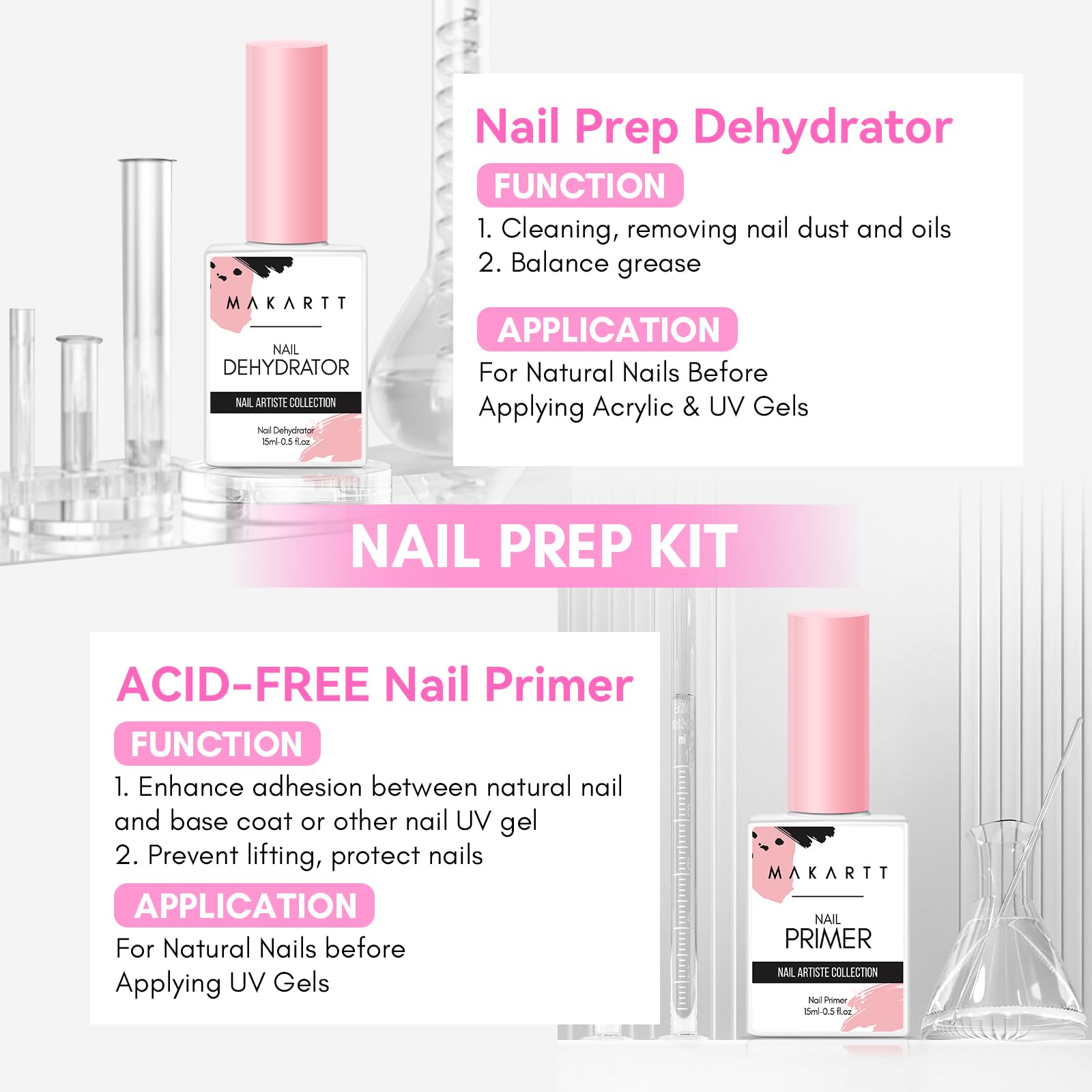 Makartt primer uñas libre de HEMA, frasco visible para uso profesional
