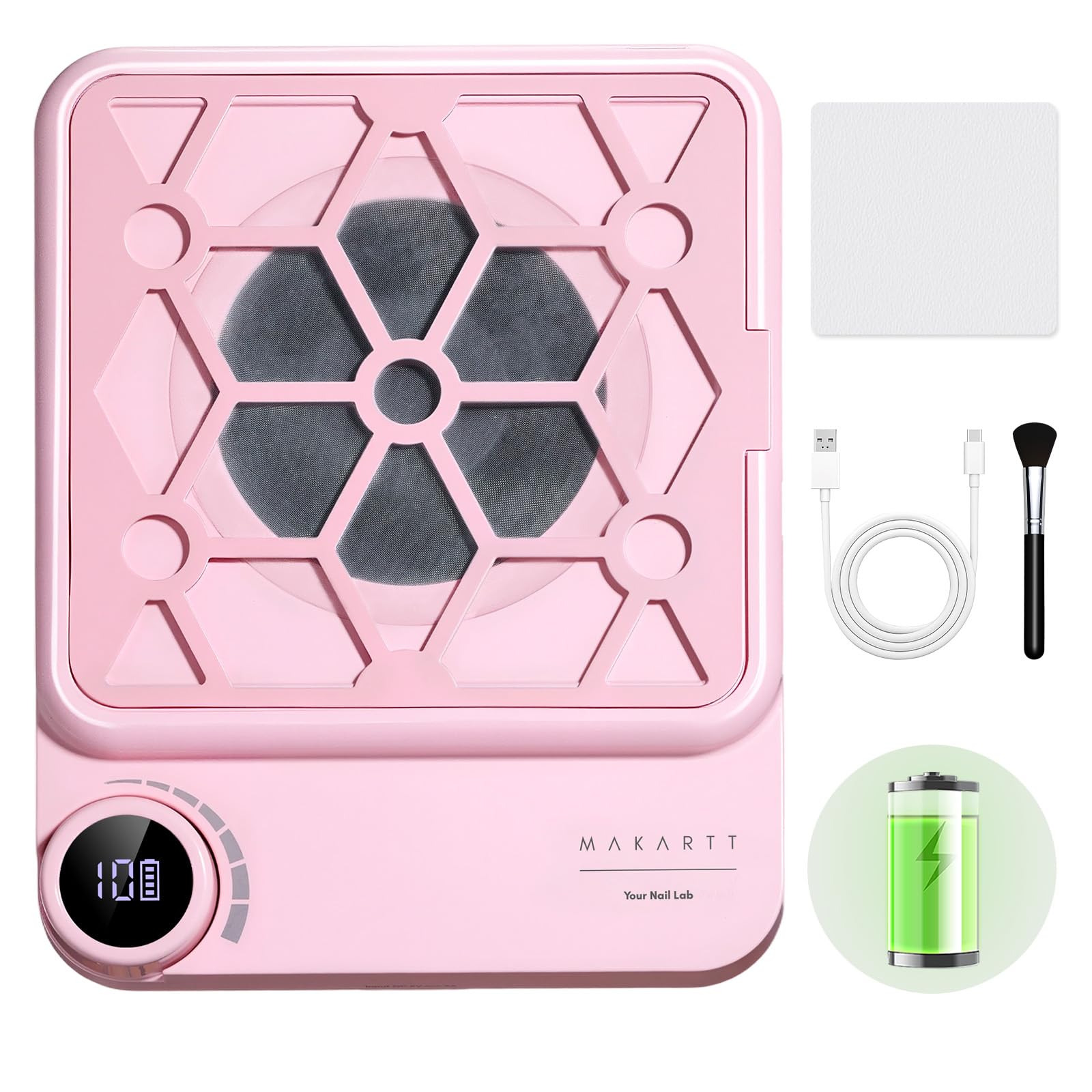 Makartt ERYNOS rechargeable nail dust collector with 5500 RPM suction for a clean acrylic session.