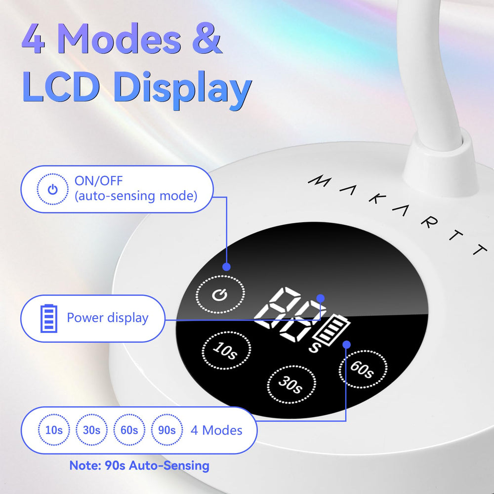 Makartt lamp LCD shows 10/30/60/90s options for precise curing.