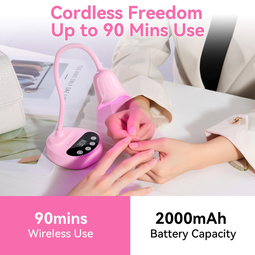 Makartt UV Nail Lamp rechargeable 2000mAh battery enables cordless operation.