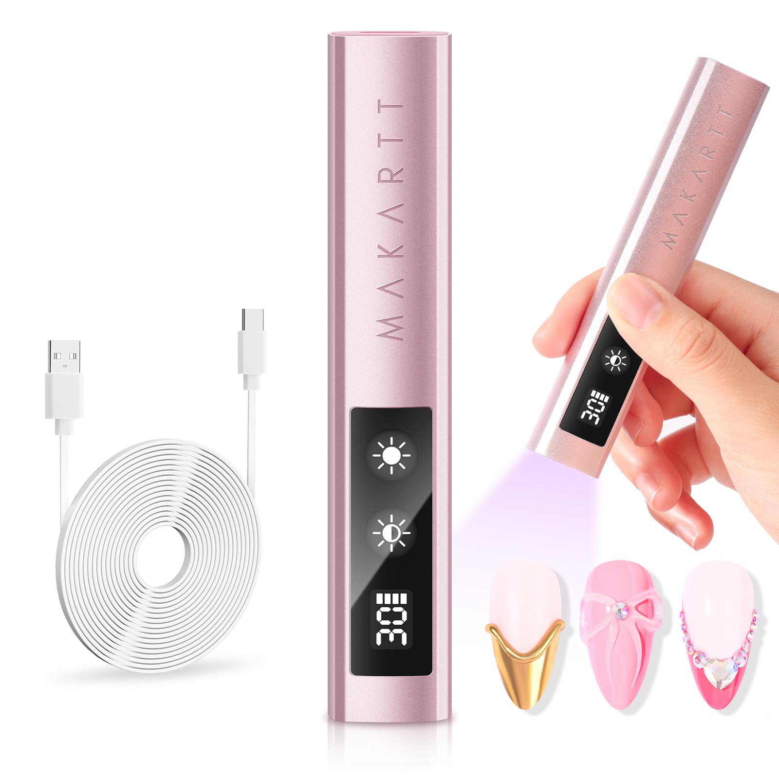 Makartt UV Nail Lamp in rose gold, front view for portable salon results.