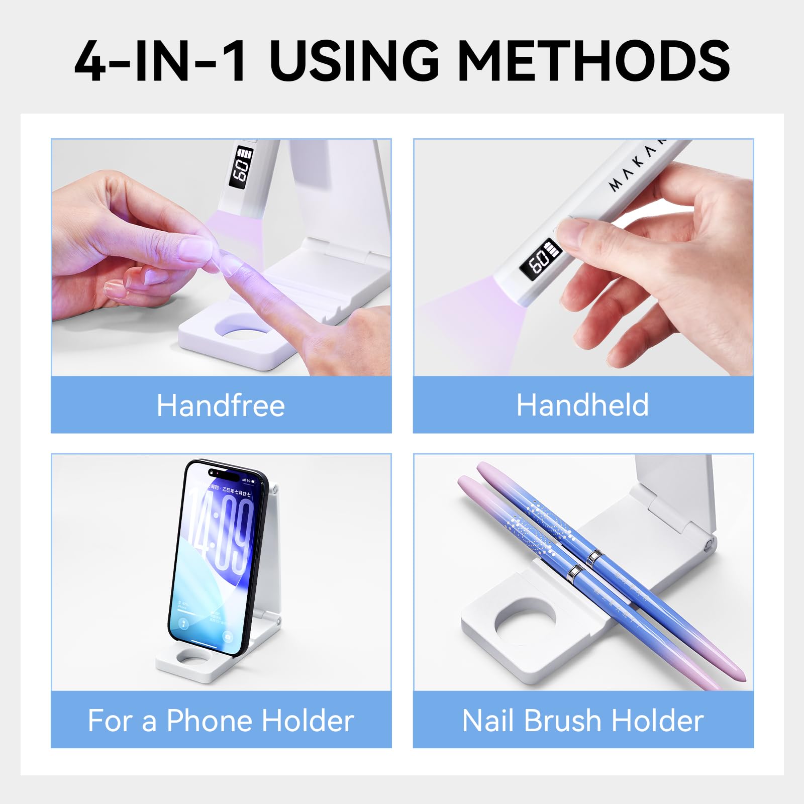 Makartt UV lamp with stand shows adjustable 410 degree angle for versatile nail sessions.