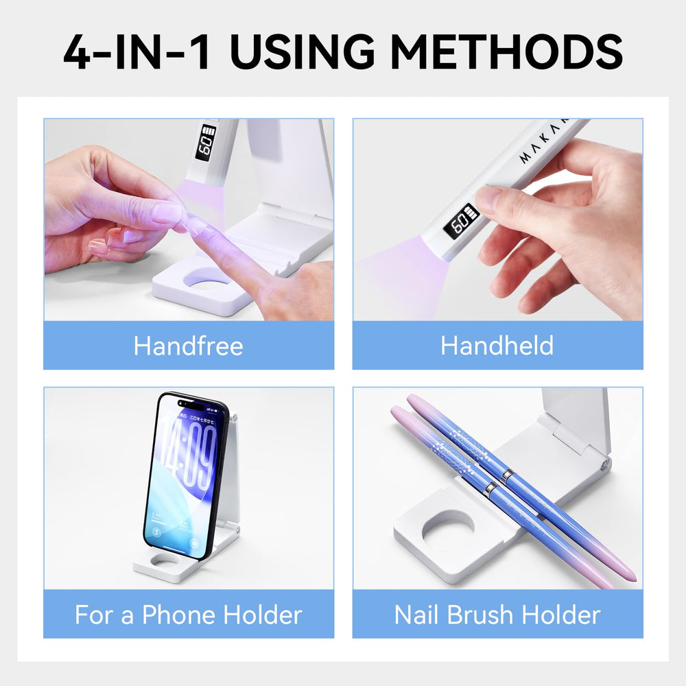 Makartt UV lamp with stand shows adjustable 410 degree angle for versatile nail sessions.
