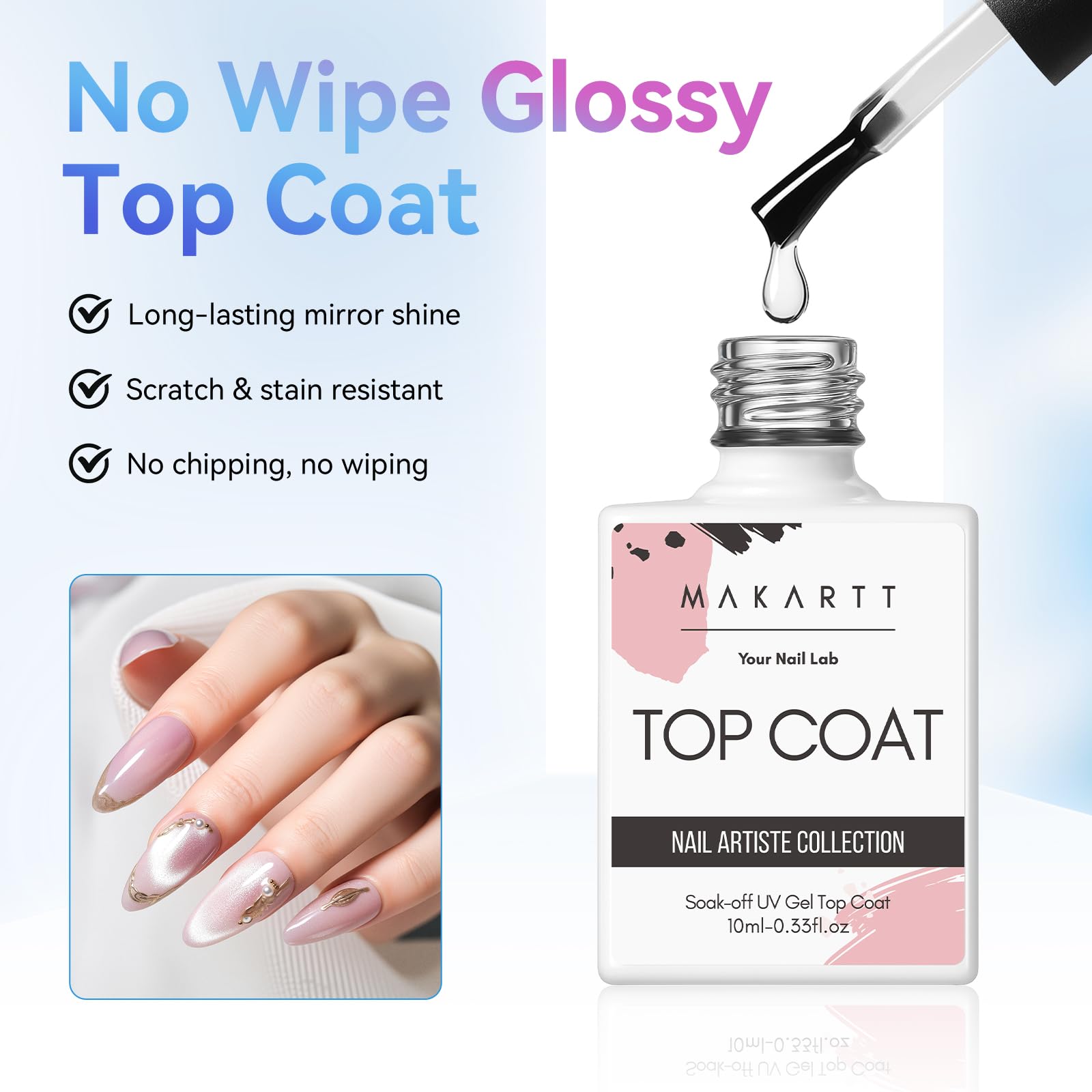 Makartt wide brush enables smooth, streak-free application on natural and enhanced nails.