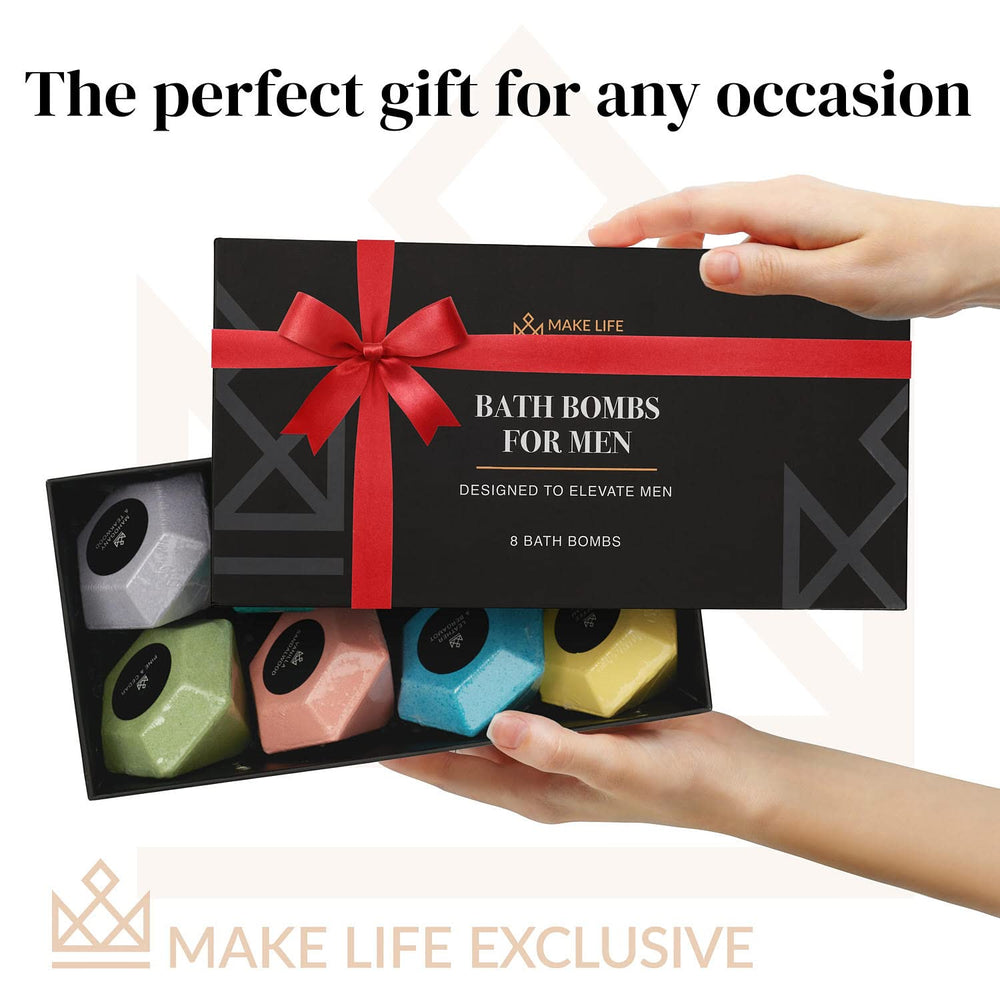 MAKE LIFE EXCLUSIVE bath bombs for men in-tub scene with bubbles and aroma for a calm soak.