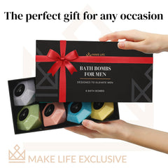 MAKE LIFE EXCLUSIVE bath bombs for men in-tub scene with bubbles and aroma for a calm soak.