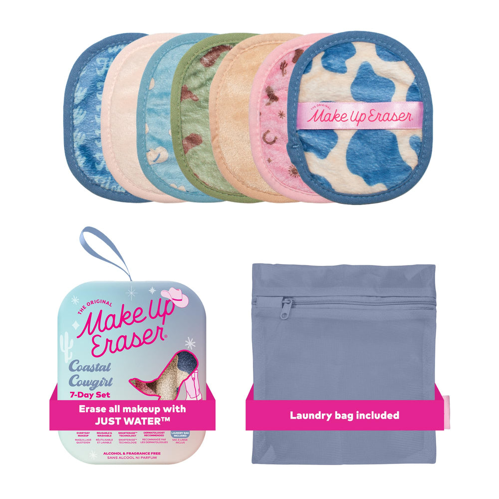 MakeUp Eraser Coastal Cowgirl 7ct set demonstrates water-only makeup removal.