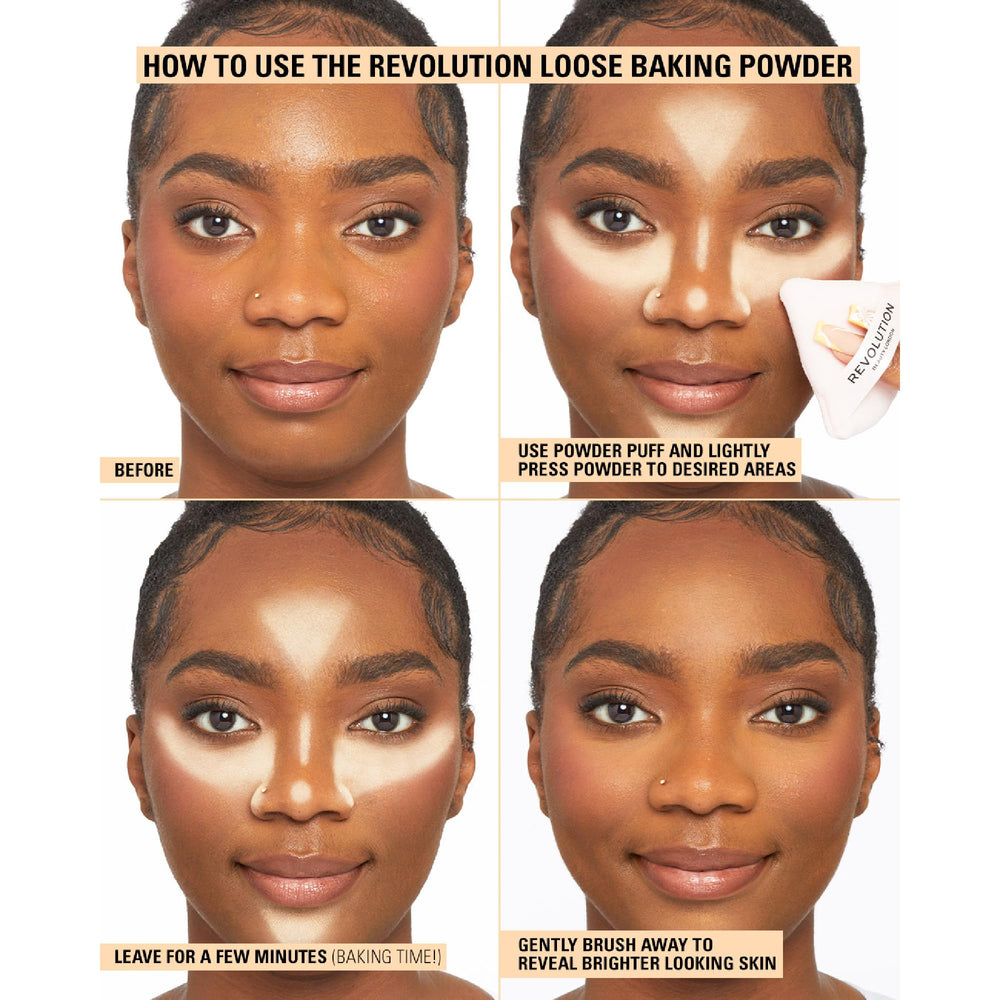 Esponja humedecida para baking con polvo de Makeup Revolution.
