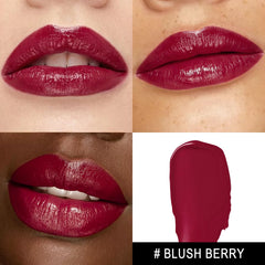 MAKI YIKA dark-berry lipstick swatches show rich color payoff on lips.