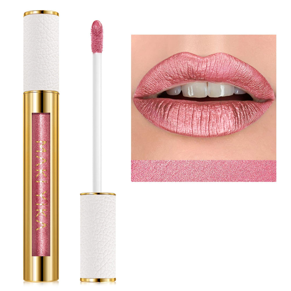 MAKI YIKA labial metálico rosado nude con acabado satinado y duradero.