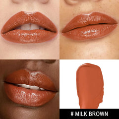 MAKI YIKA Moisture Lipstick Milk Brown close up shows glossy finish and color