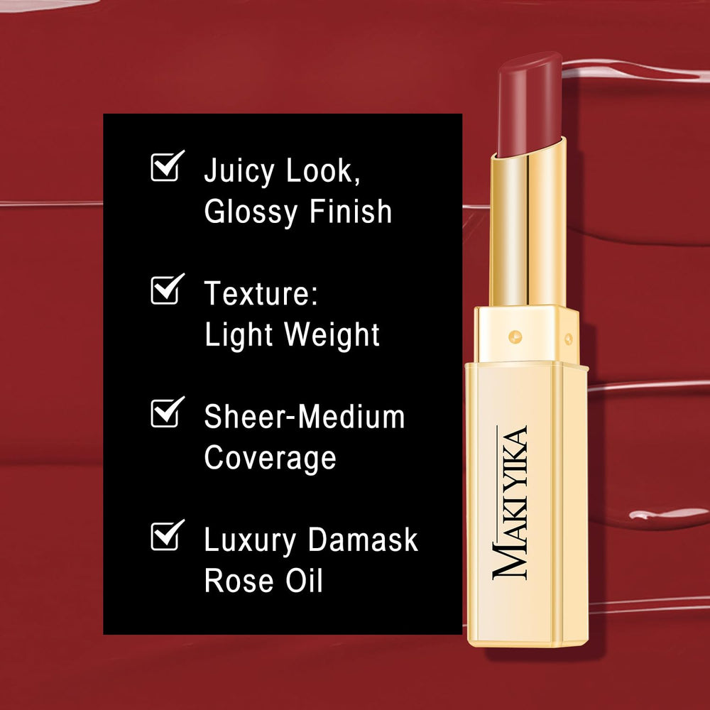 Lip swipe shows weightless, glossy finish on lips.