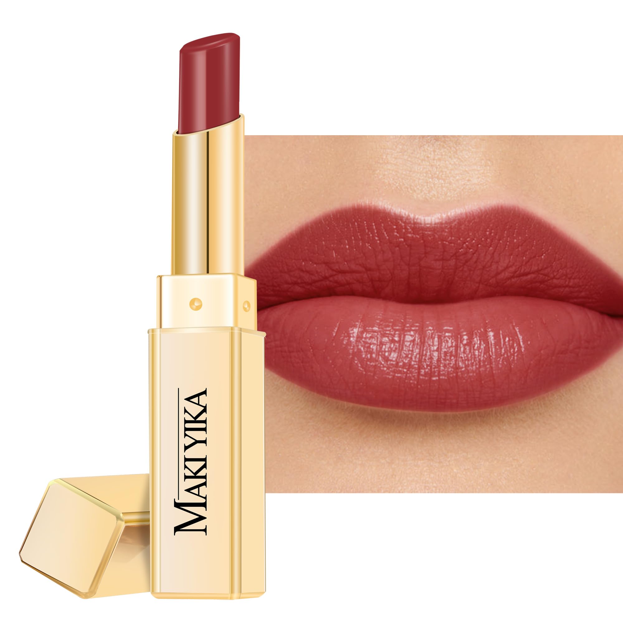 MAKI YIKA Moisture Mauve Red lipstick packaging for everyday use and on-the-go touch-ups.