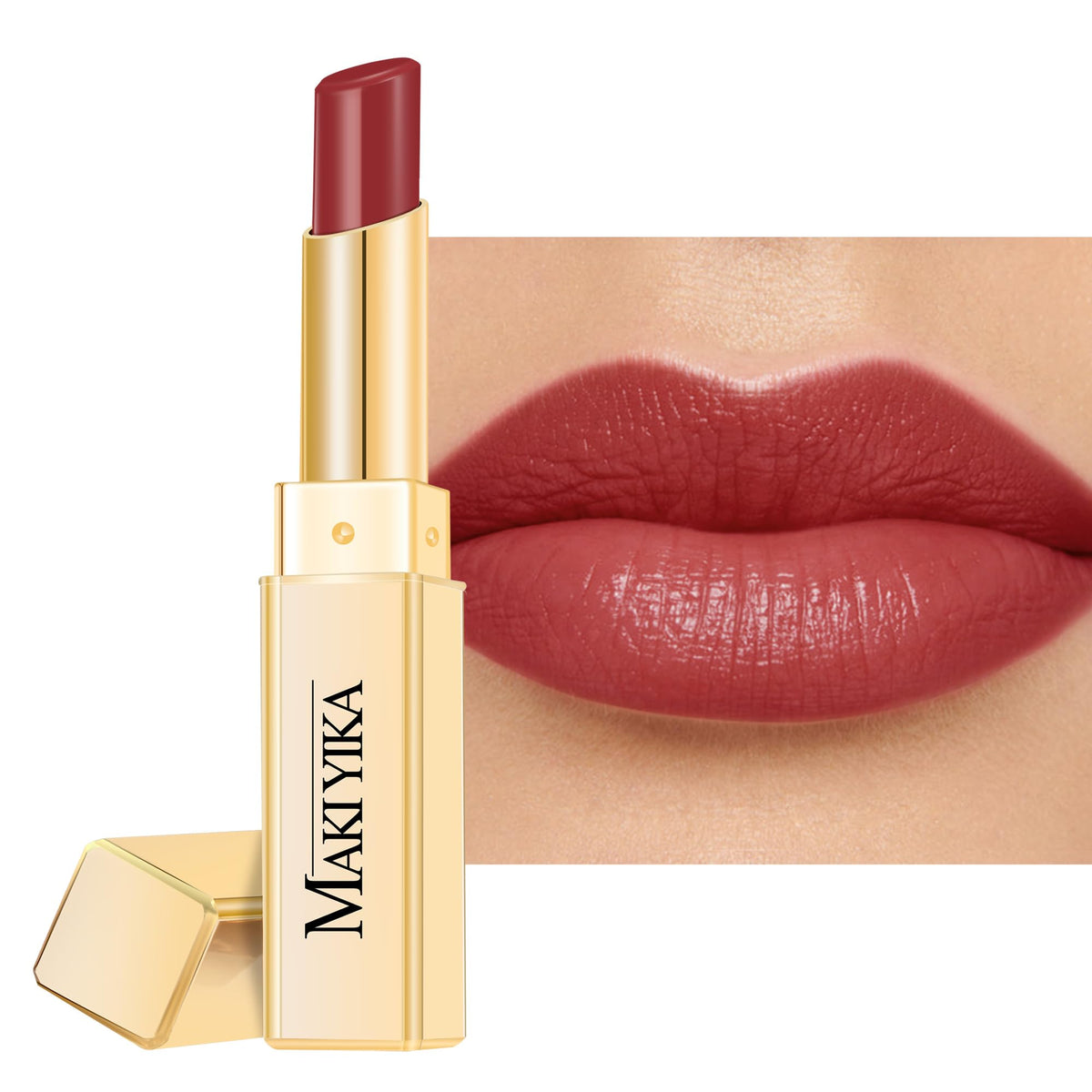 MAKI YIKA Moisture Mauve Red lipstick packaging for everyday use and on-the-go touch-ups.