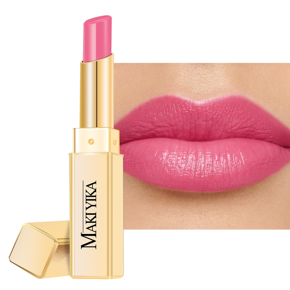 MAKI YIKA Moisture Pink Lipstick swatch on lips showing glossy hydration