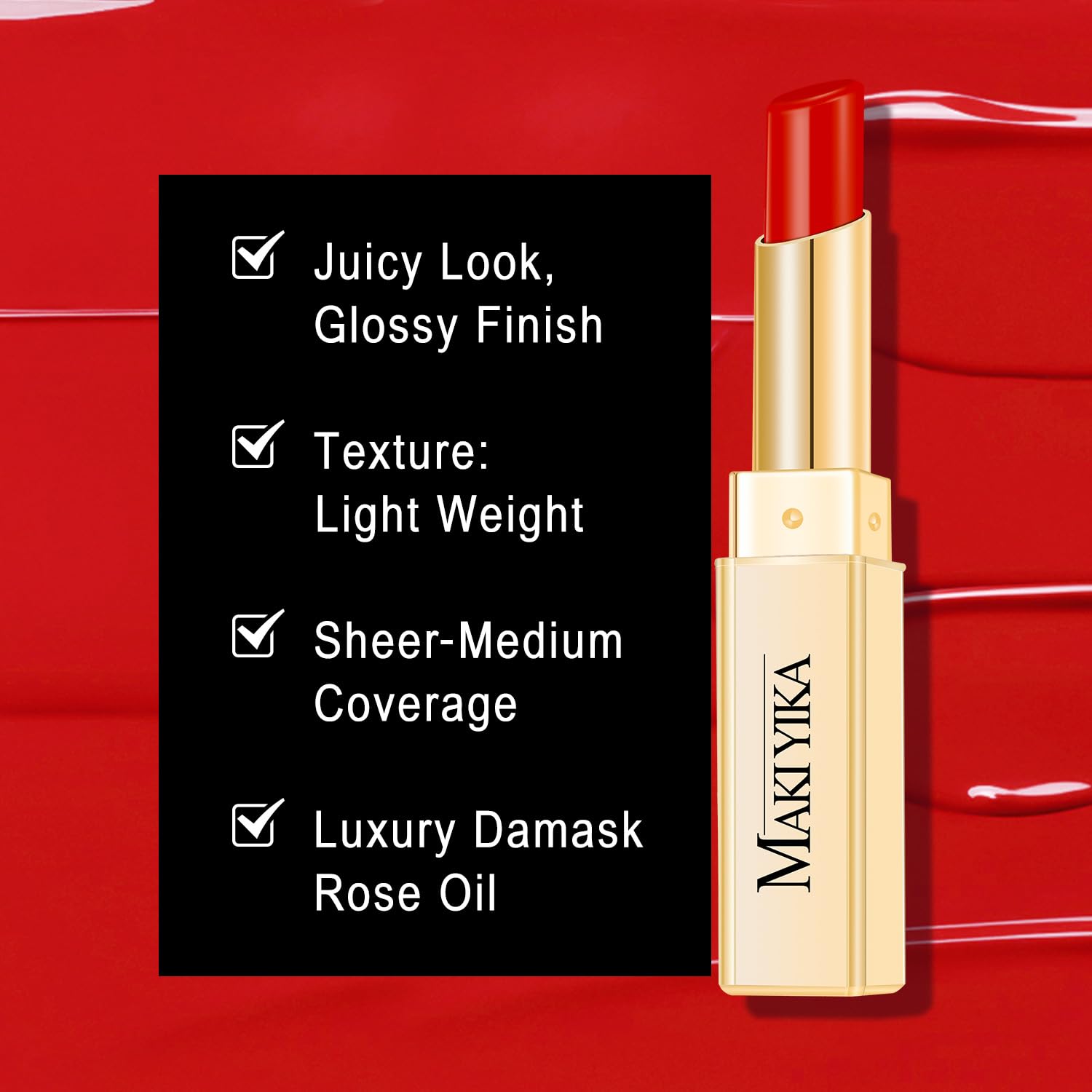 Glossy finish adds vibrant shine to MAKI YIKA Moisture Red Lipstick