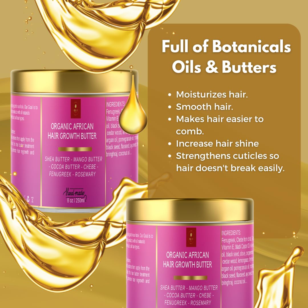 Ingredientes naturales de Makof Beauty Chebe Butter para cabello nutrido y suave.