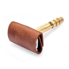 MAKYN butterfly razor head cover in cognac leather protects blades on the go