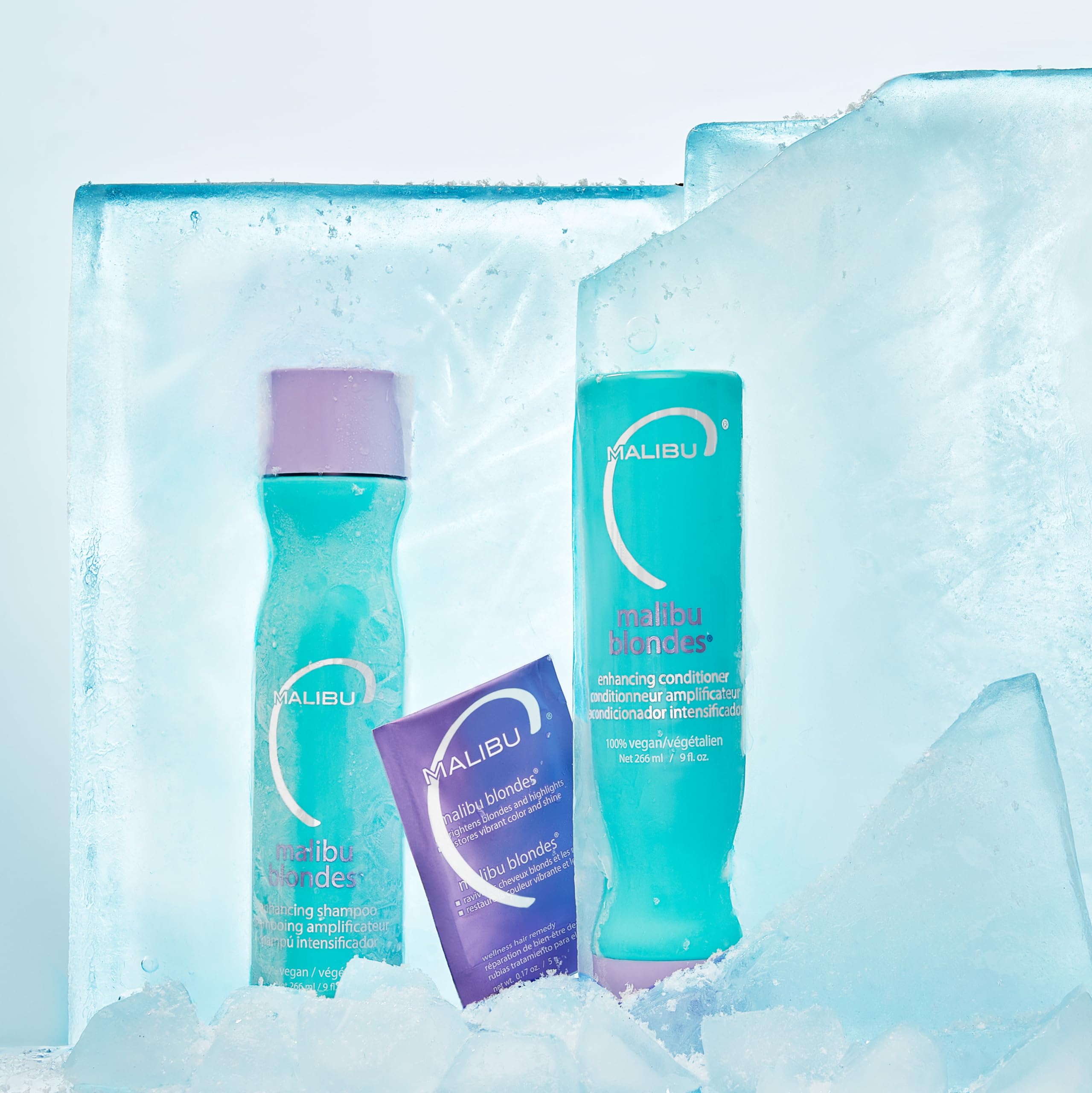 Purple conditioner bottle from Malibu C Blondes Collection for moisture and shine