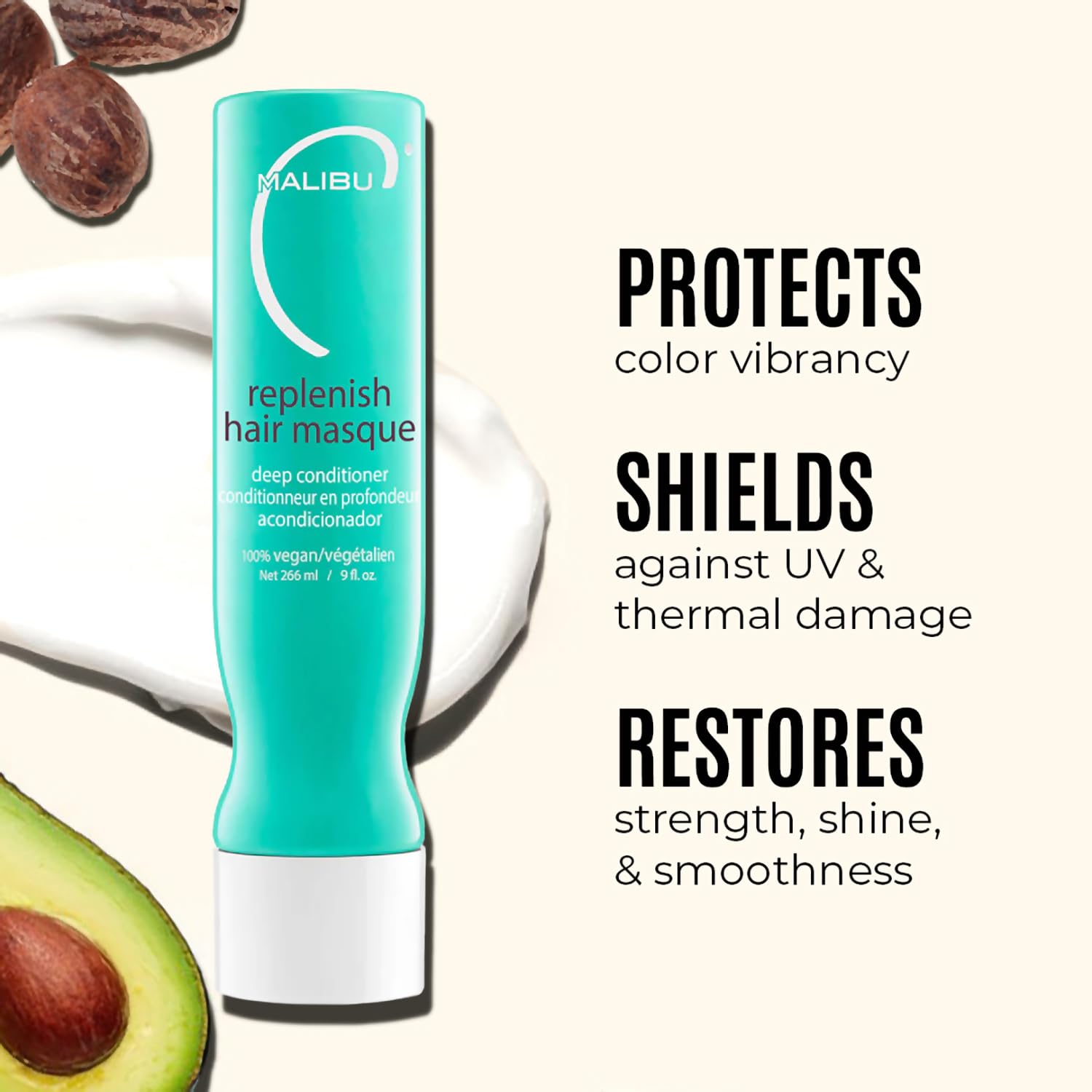 Malibu C Replenish Hair Masque in shower cap suggests extended processing for deeper conditioning.