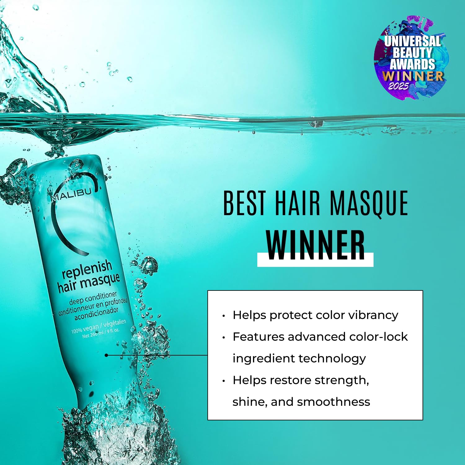 Malibu C Replenish Hair Masque jar label close-up highlights vegan, color-safe formula.