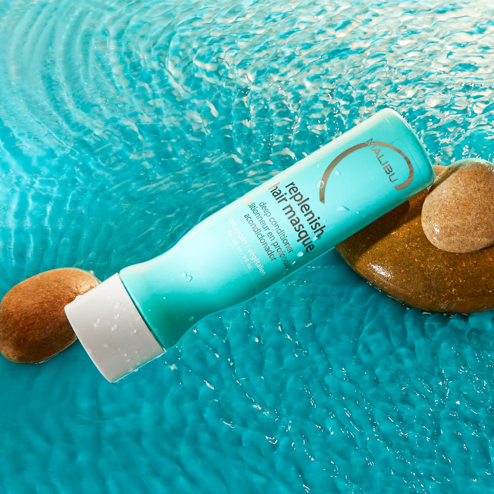 Malibu C Replenish Hair Masque label vegan claims banner is visible.