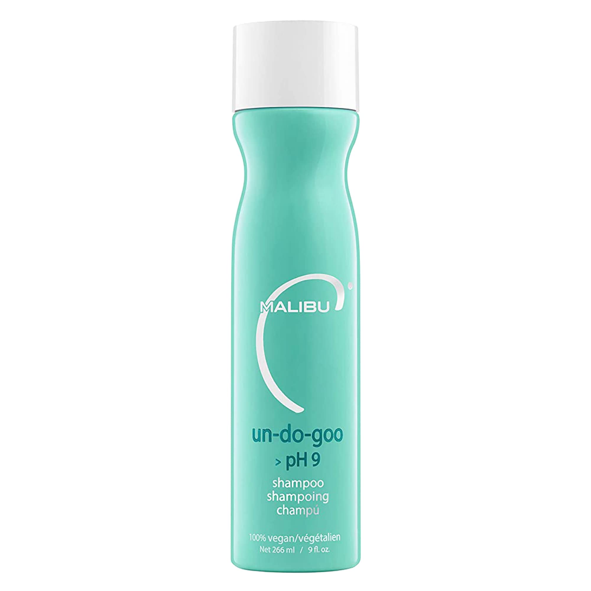 Malibu C Un-Do-Goo Shampoo muestra la botella para eliminar residuos y devolver brillo.