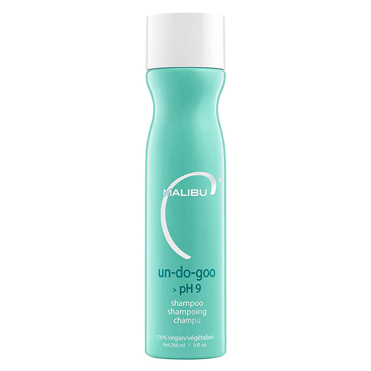 Malibu C Un-Do-Goo Shampoo muestra la botella para eliminar residuos y devolver brillo.