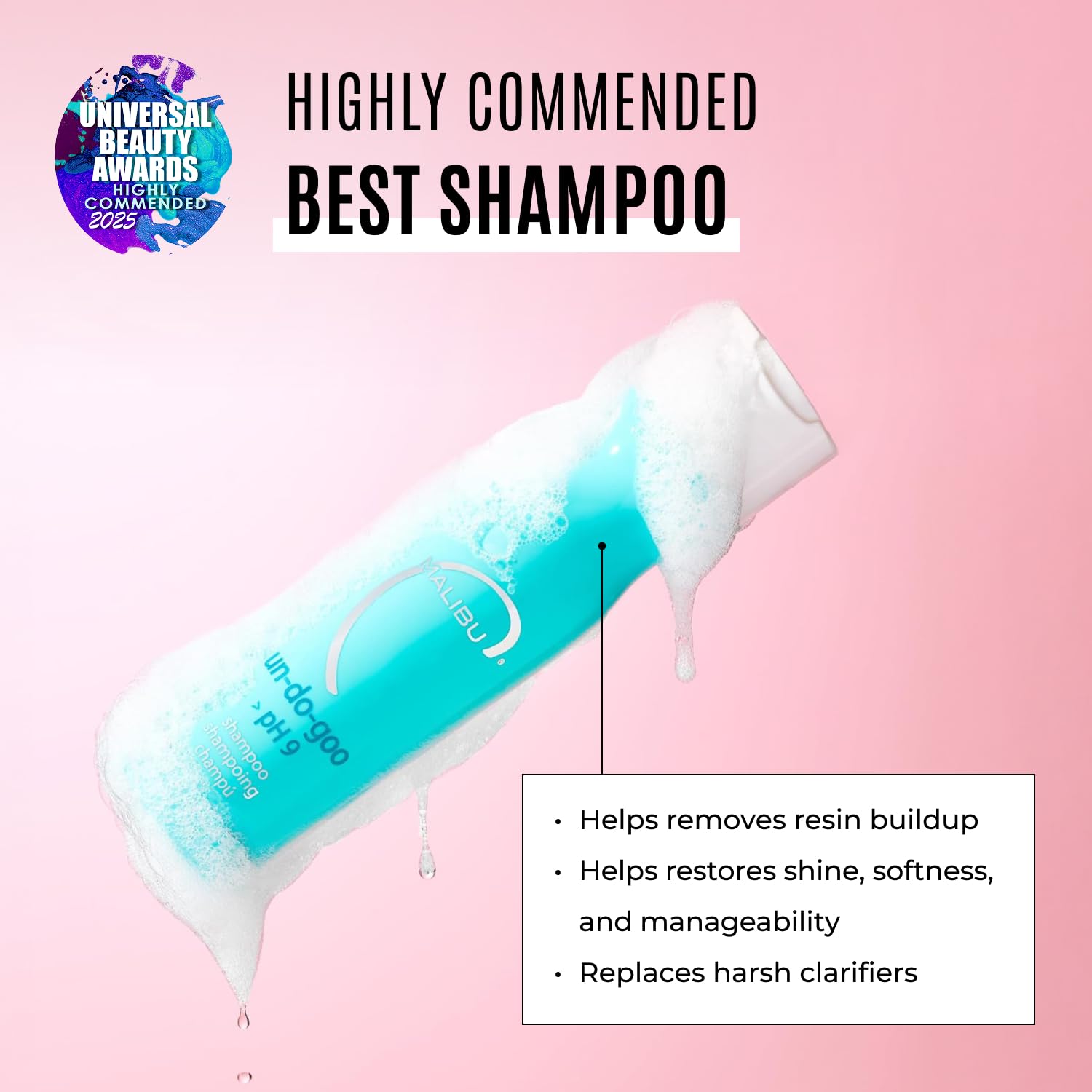 Malibu C Un-Do-Goo Shampoo etiqueta clara que comunica acción detox suave.