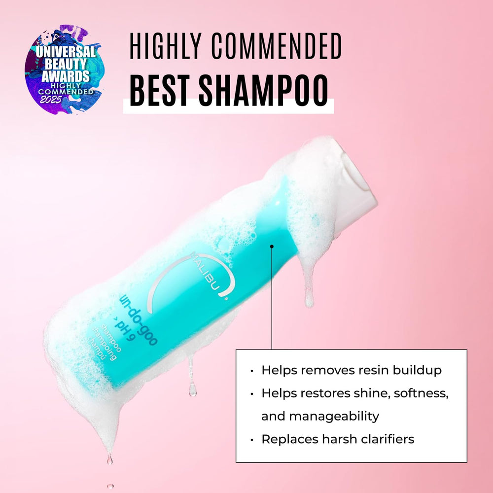 Malibu C Un-Do-Goo Shampoo etiqueta clara que comunica acción detox suave.