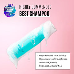 Malibu C Un-Do-Goo Shampoo etiqueta clara que comunica acción detox suave.