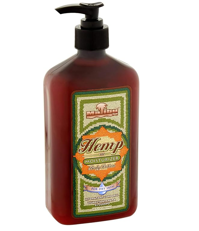Label on Malibu Tan 18 oz bottle highlighting size and hemp formula