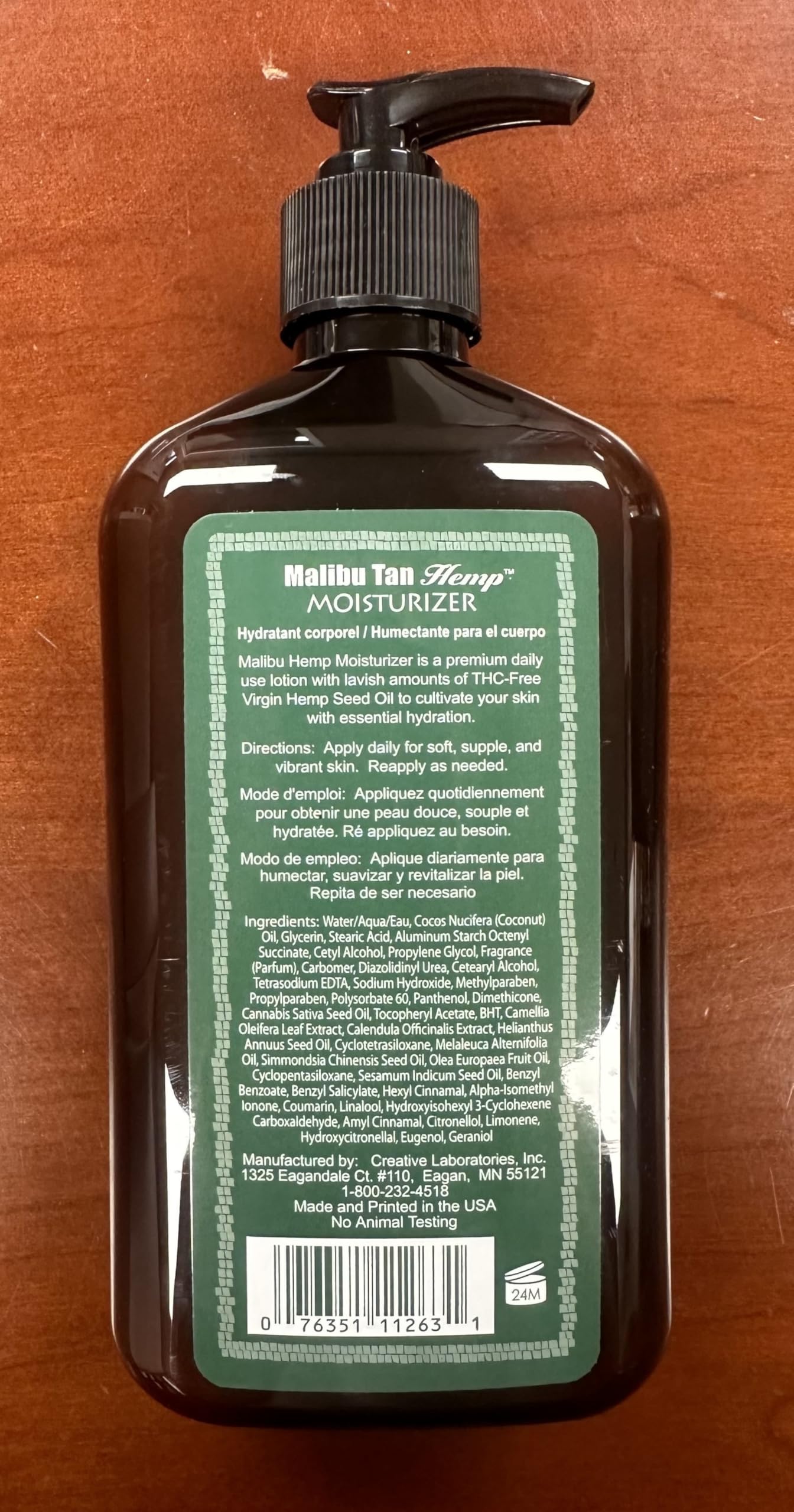 Closeup of Malibu Tan hemp moisturizer cap showing premium ingredients