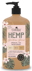 Malibu Tan Hemp Golden Glow ofrece brillo gradual y tono medio profundo con uso diario.